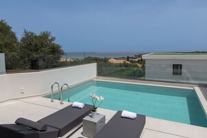 Una piscina sul tetto con due lettini e una orchidea in vaso.