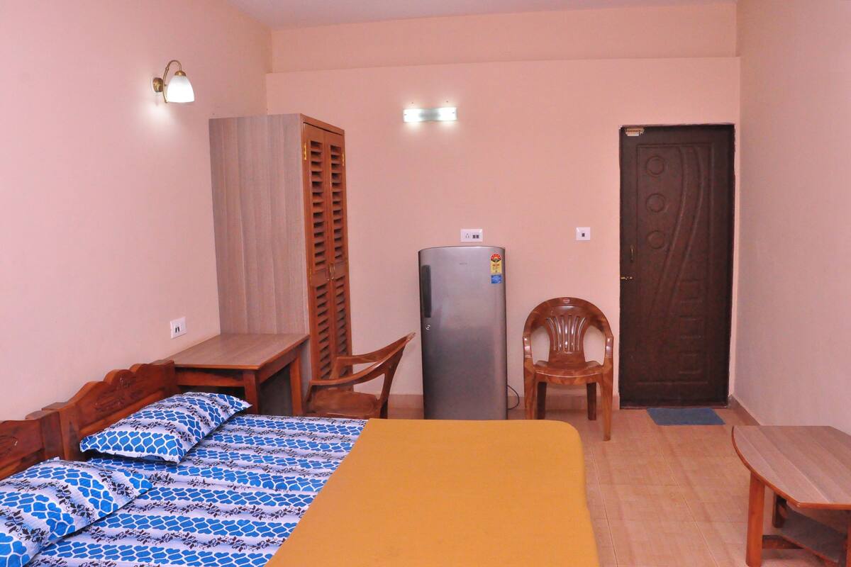 A room with a bed, a desk, a chair, a refrigerator, and a door.
