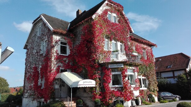 A building with a sign reading "hotel pellmühle" and a balcony with red foliage. - Hotel Pellmühle (Jever)