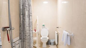 A bathroom with a shower, toilet, and towel rack.