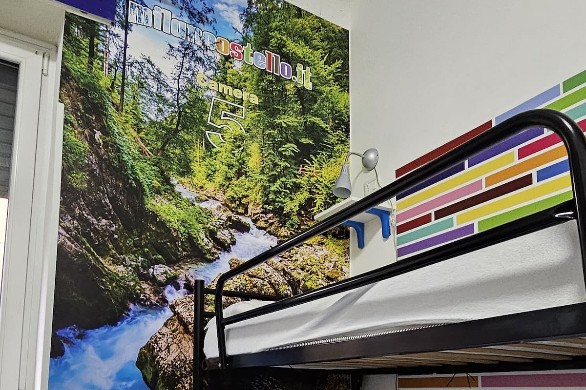 A bunk bed room with a mural of a waterfall and forest.