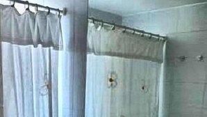 A bathroom with a wooden vanity, a large mirror, and a shower curtain. - Laguna del Mar (La Serena)