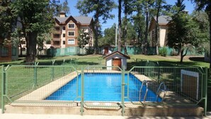 Una piscina rectangular con una cerca verde, rodeada de árboles y un edificio pequeño.