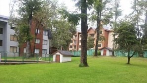 Un espacio al aire libre con césped, una pequeña construcción rodeada de árboles y edificios residenciales.