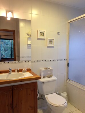 A bathroom with a wooden vanity, a toilet, and a shower area.