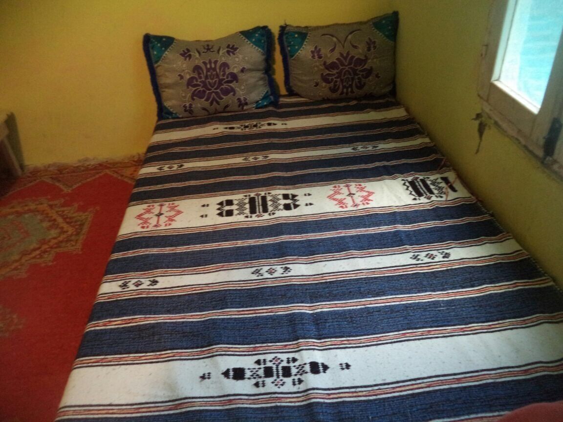 A bed with a striped bedspread and two decorative pillows.