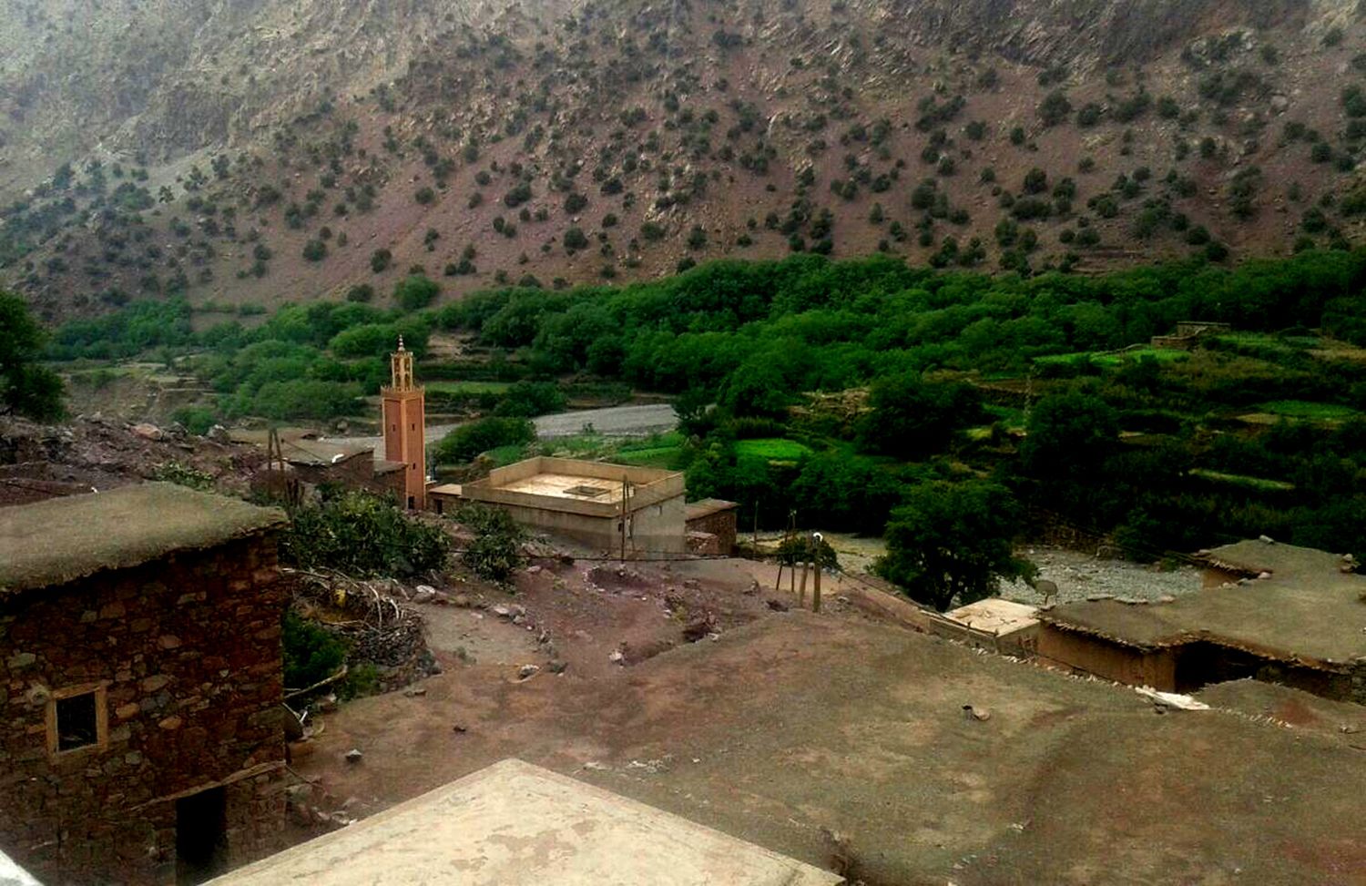 A rural village with traditional buildings, a mosque, and terraced fields.