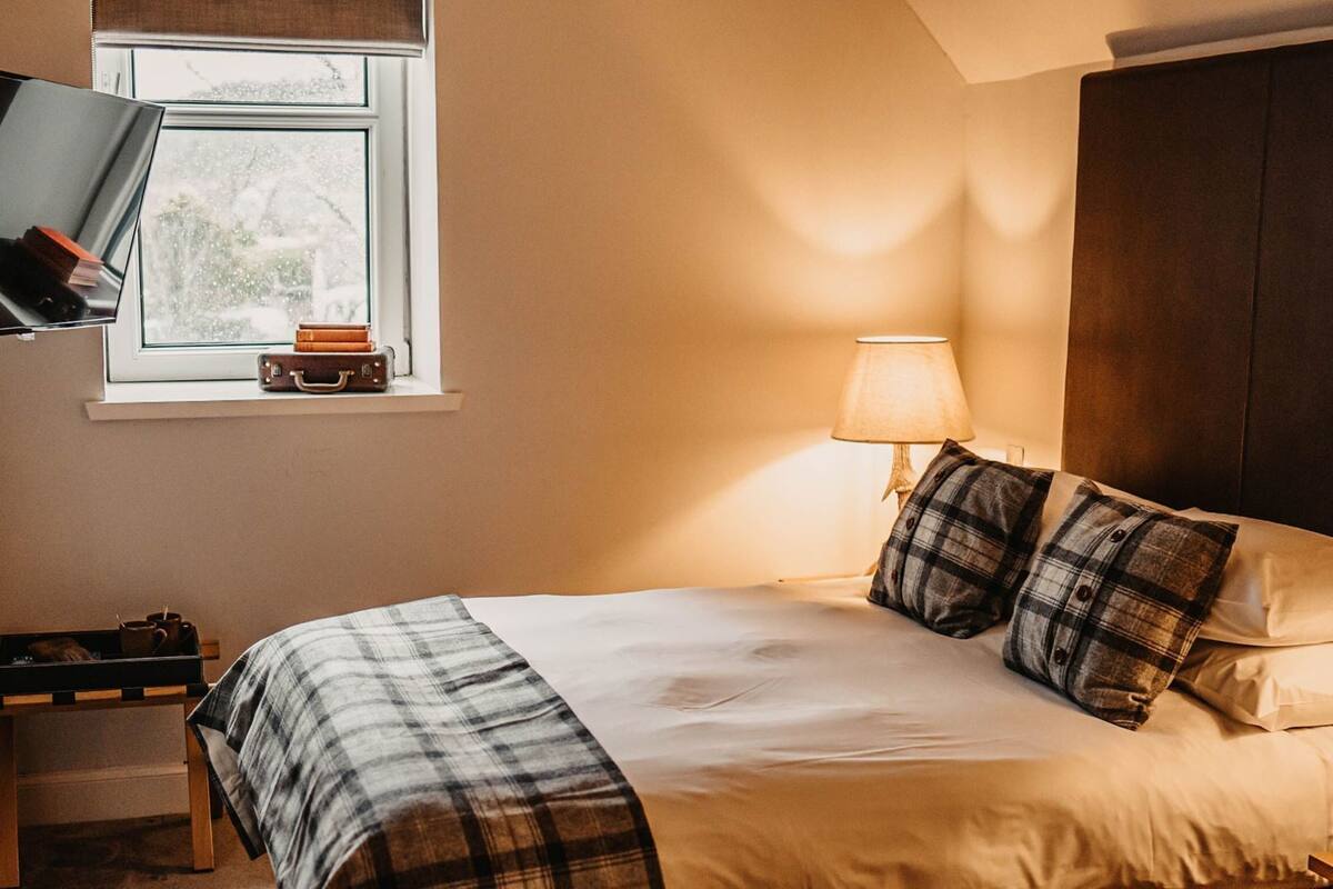 A neatly made bed with plaid bedding, a bedside lamp, and a window with a view of trees.
