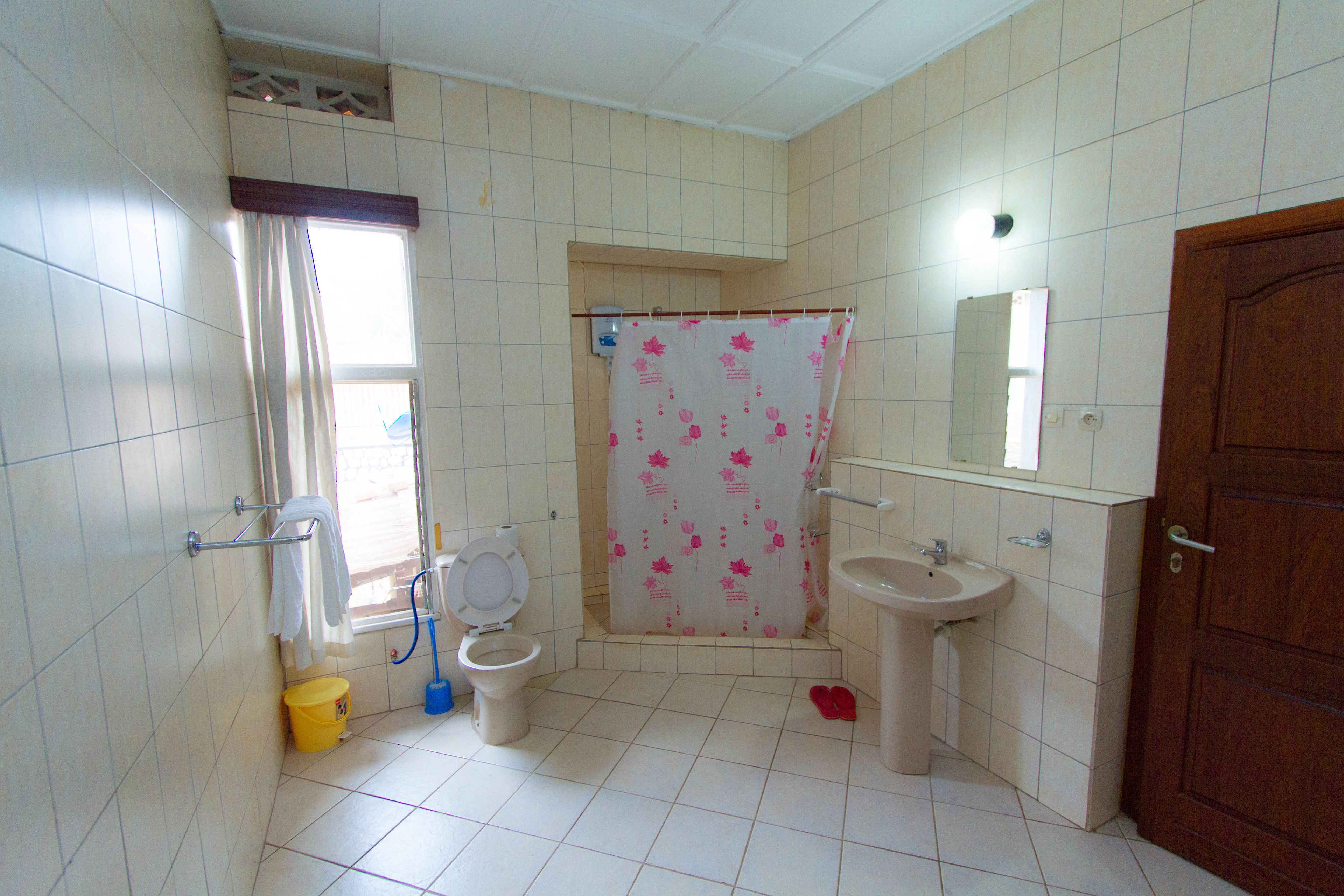 A bathroom with a toilet, sink, shower curtain, and a wooden door.