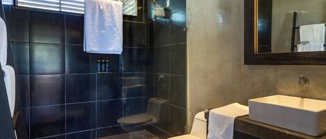 Un baño moderno con ducha acristalada, inodoro y lavabo.