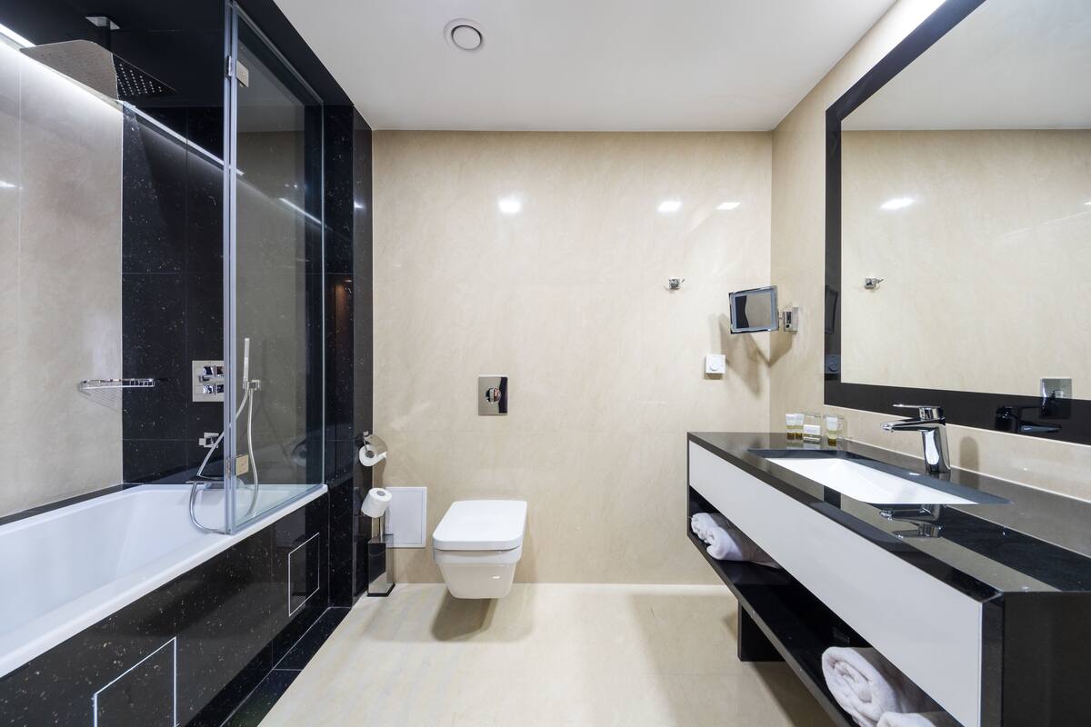 apartment | bathroom | shower, free toiletries, hair dryer, bathrobes