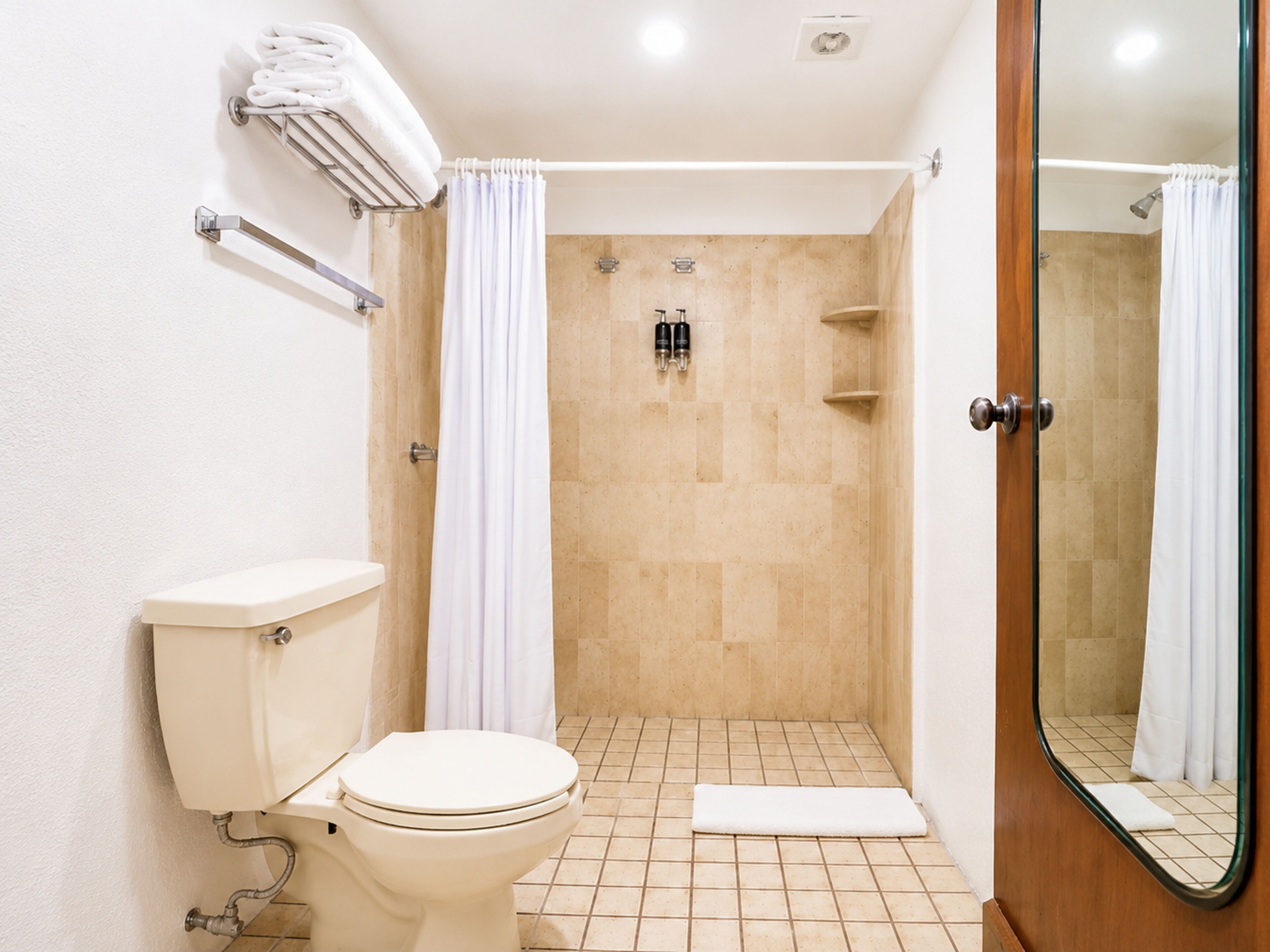 A bathroom with a toilet, shower, and a mirror.
