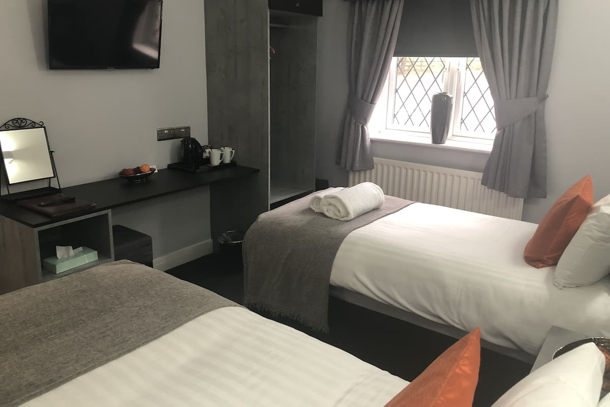 Habitación de hotel con dos camas, un escritorio, un televisor de pantalla plana, una ventana con cortinas y un radiador.