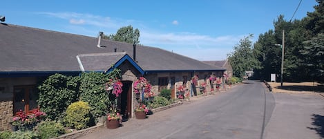 A row of stone buildings with a blue roof, each with a small porch and potted plants.