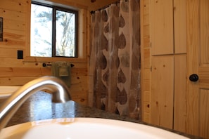 Combined shower/bathtub, hair dryer, towels, soap