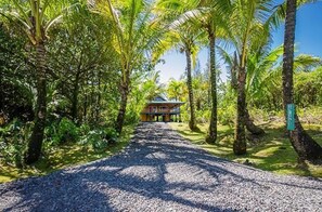 A house with a porch and a signboard in a tropical setting.