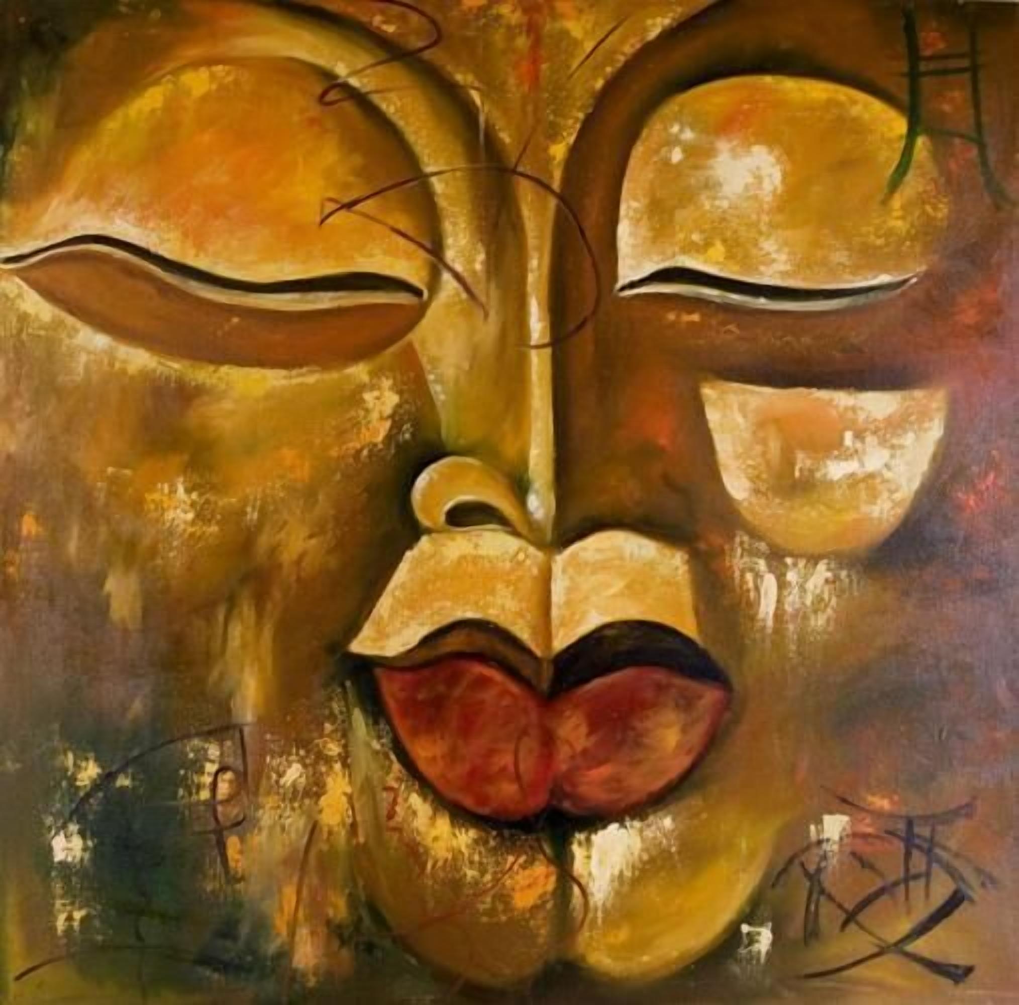 A painting of a face with abstract features.