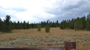 A wooden railing overlooking a grassy field with trees in the distance.