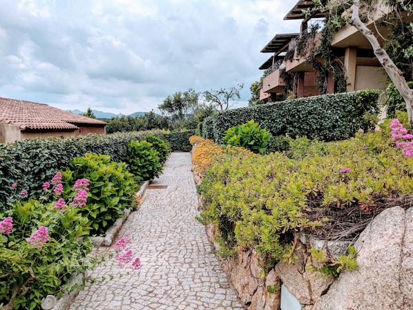 A cobblestone pathway flanked by lush greenery and flowering plants, leading to a building with a tiled roof.