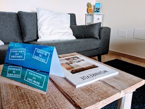 A living room with a grey sofa, a white pillow, and a coffee table with brochures and a magazine.