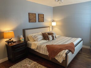 3 bedrooms, memory-foam beds, desk, iron/ironing board