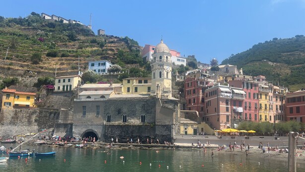 A coastal town with a historic tower, colorful buildings, and boats docked at the harbor. - Residential flat in Vernazza, natural park of 5 Terre (Vernazza)