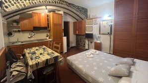A compact room with a kitchenette, a bed with pillows, and a stone wall arch. - Residential flat in Vernazza, natural park of 5 Terre (Vernazza)