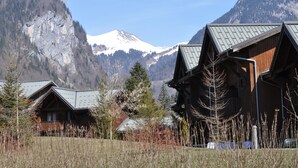 Et fjeldhotel med træfacade og skråt tag, omgivet af sneklædte bjerge og sparsom vegetation.