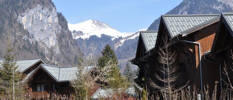 A mountain lodge with a wooden exterior and a sloped roof, surrounded by snow-capped mountains and sparse vegetation.