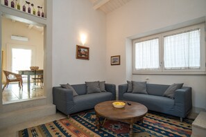 A living room with two grey sofas, a wooden coffee table, and a patterned rug.
