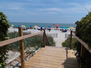 On the beach, sun loungers