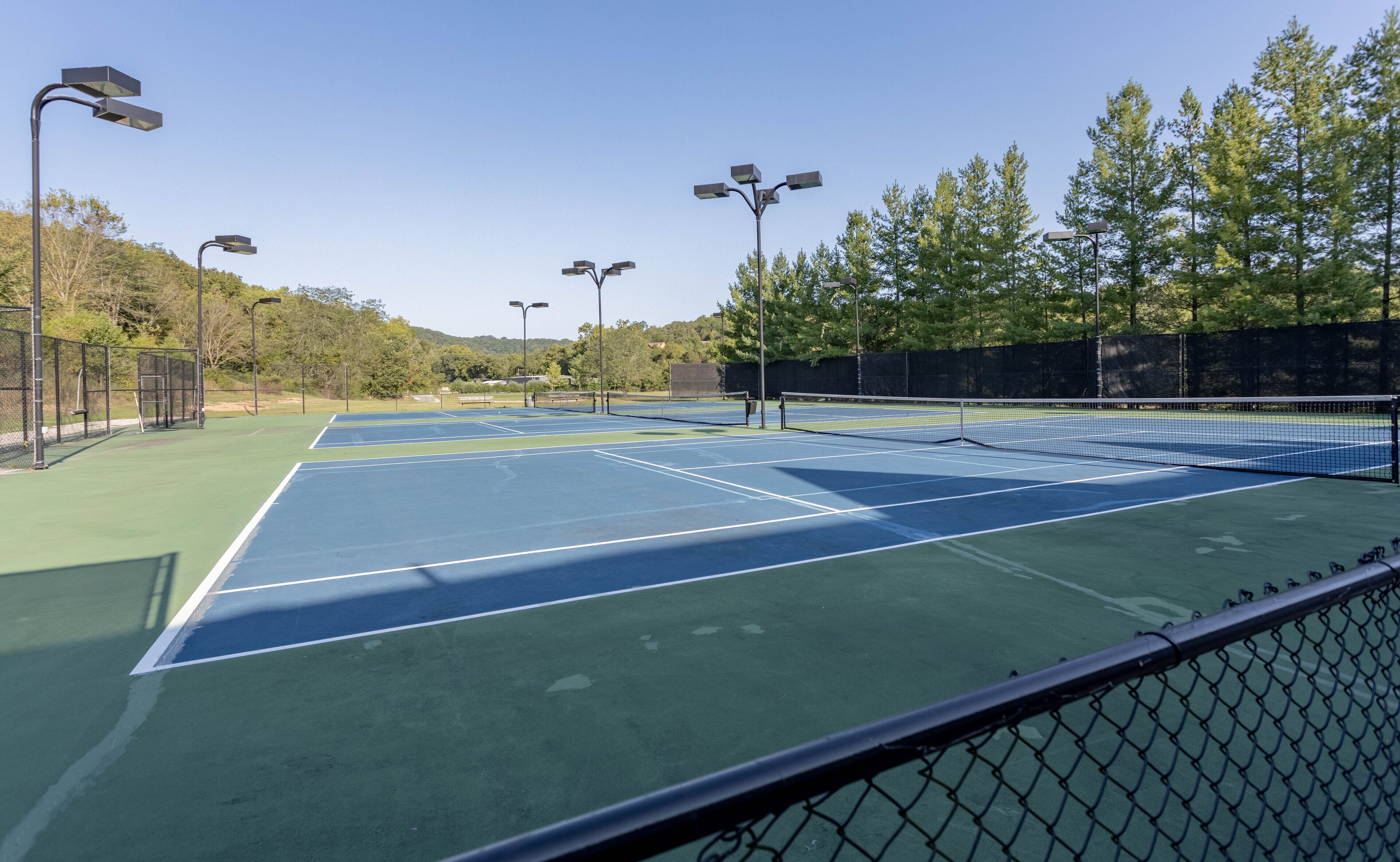 Canchas de tenis múltiples, rodeadas de árboles y una valla.