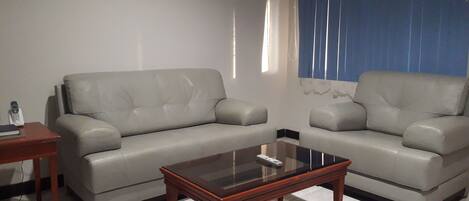 A living room with two grey sofas, a wooden coffee table, and a painting on the wall.