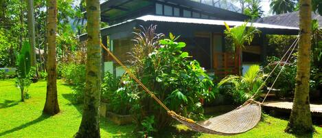 A house with a garden, a hammock, and palm trees.