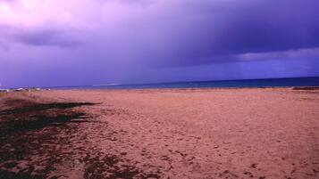 On the beach, black sand, sun-loungers, beach umbrellas