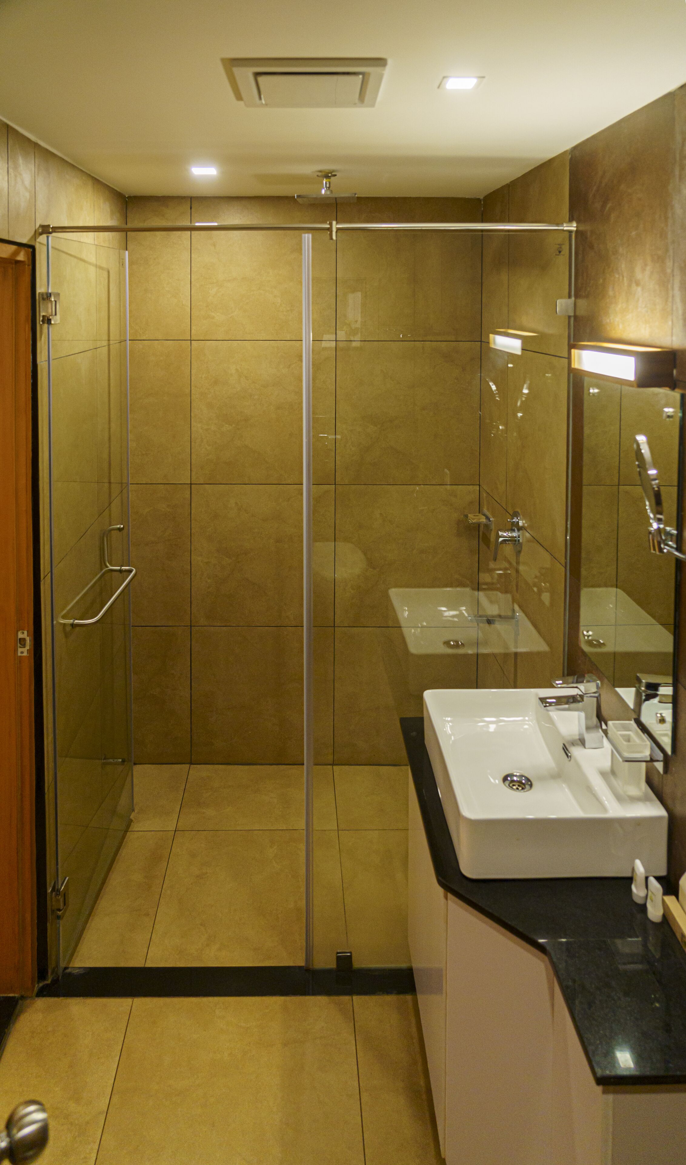 A modern bathroom with a glass-enclosed shower, a sink with a mirror, and a wooden door.
