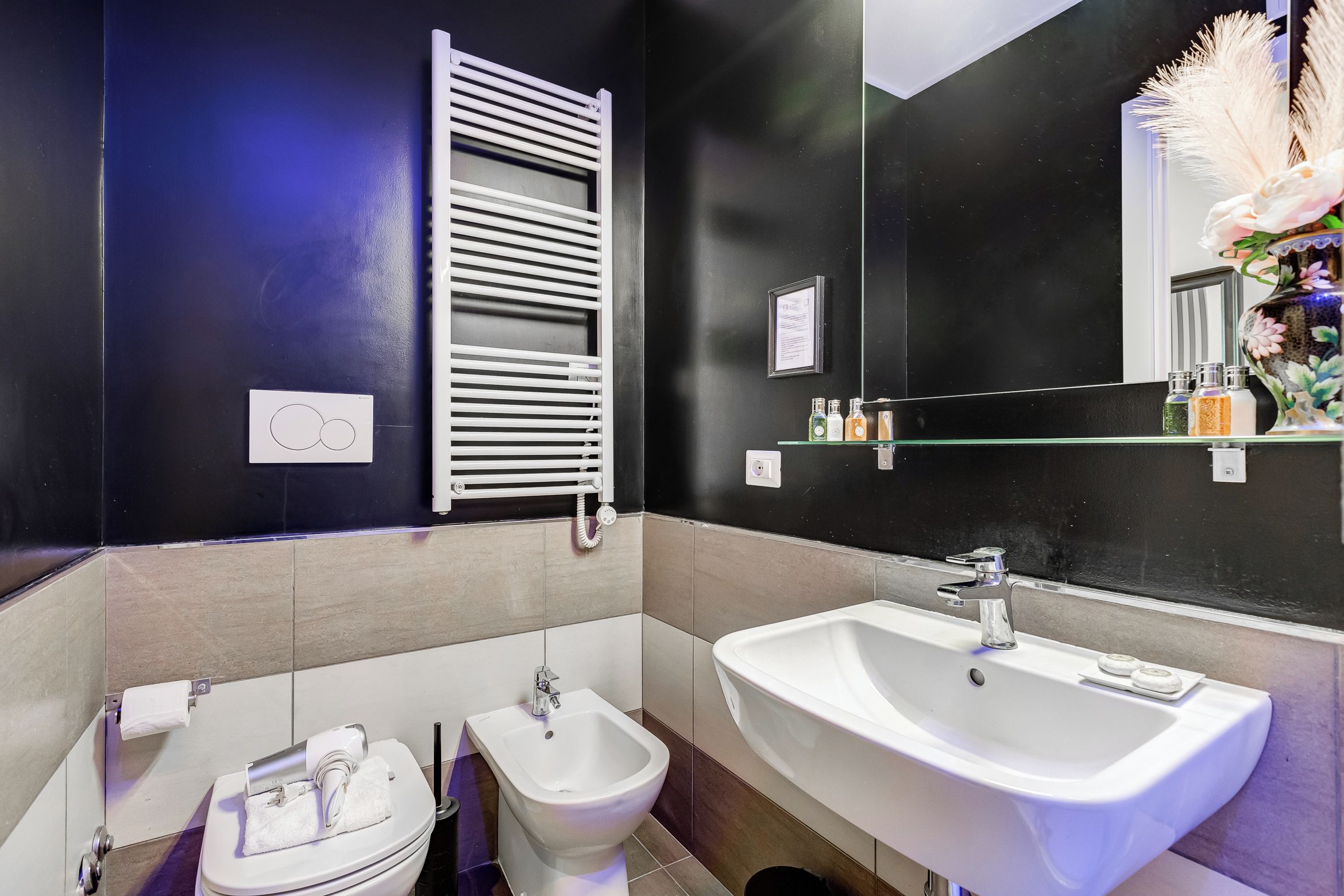 Une salle de bain moderne équipée d’un bidet, d’un lavabo, d’un miroir et d’un porte-serviettes.