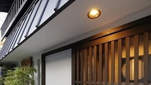 A modern building facade with a wooden slatted screen door, a small potted plant, and a recessed light.