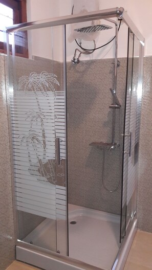 Shower, hair dryer, bathrobes, slippers