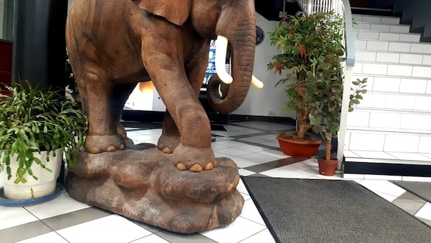 En stor elefantstatue i en lobby med fliset gulv, krukkeplanter og en trappe i baggrunden.