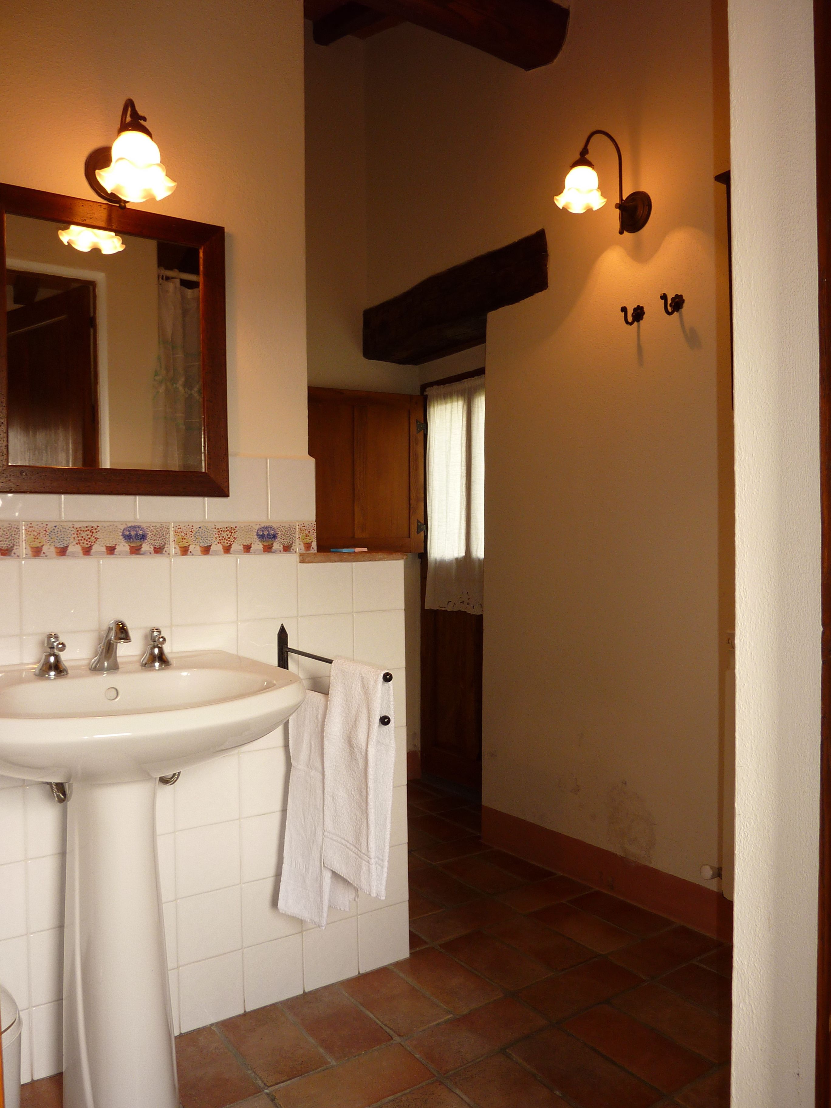 A bathroom with a white sink, a mirror, and two wall-mounted light fixtures.