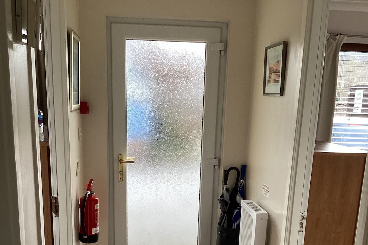 A hallway with a frosted glass door, a fire extinguisher, a radiator, and a mat at the entrance.