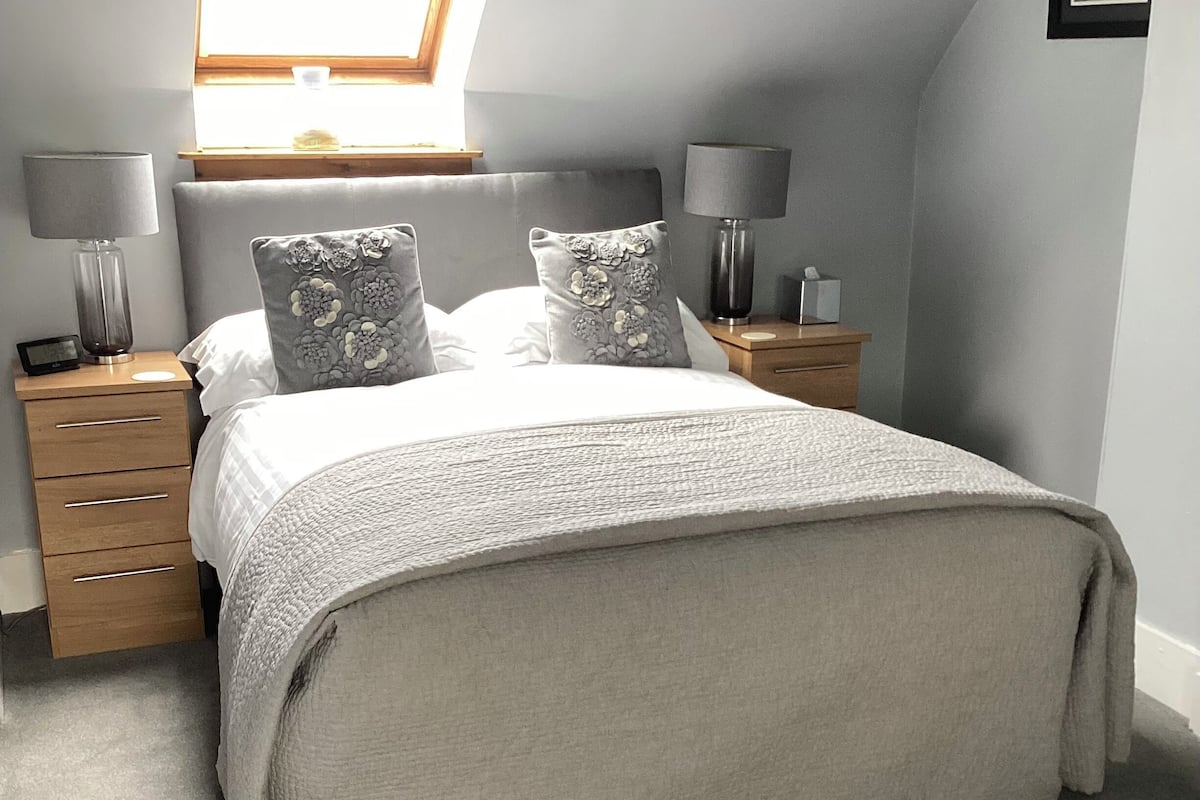A bedroom with a skylight, two bedside tables with lamps, a bed with a grey blanket, and a framed picture on the wall.