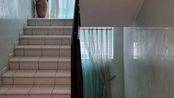 Una escalera con una planta en el rellano, una ventana con cortinas translúcidas y un letrero de salida verde en la pared.