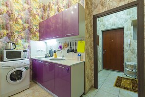 Compact kitchen with modern design, equipped with a microwave, washing machine, and kettle.