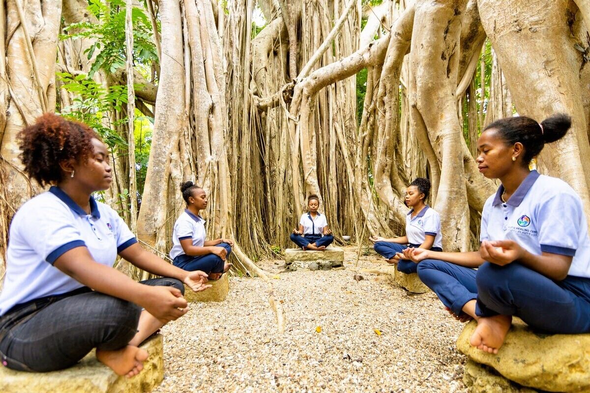 Un grupo de personas sentadas en círculo al aire libre, con árboles de fondo.