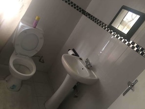 A bathroom with a toilet, sink, and a mirror. - Eagle Suites Guest House (Ghanzi)