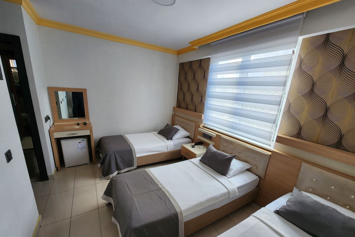 A hotel room with two single beds, a small desk, a refrigerator, a mirror, and a window with blinds.