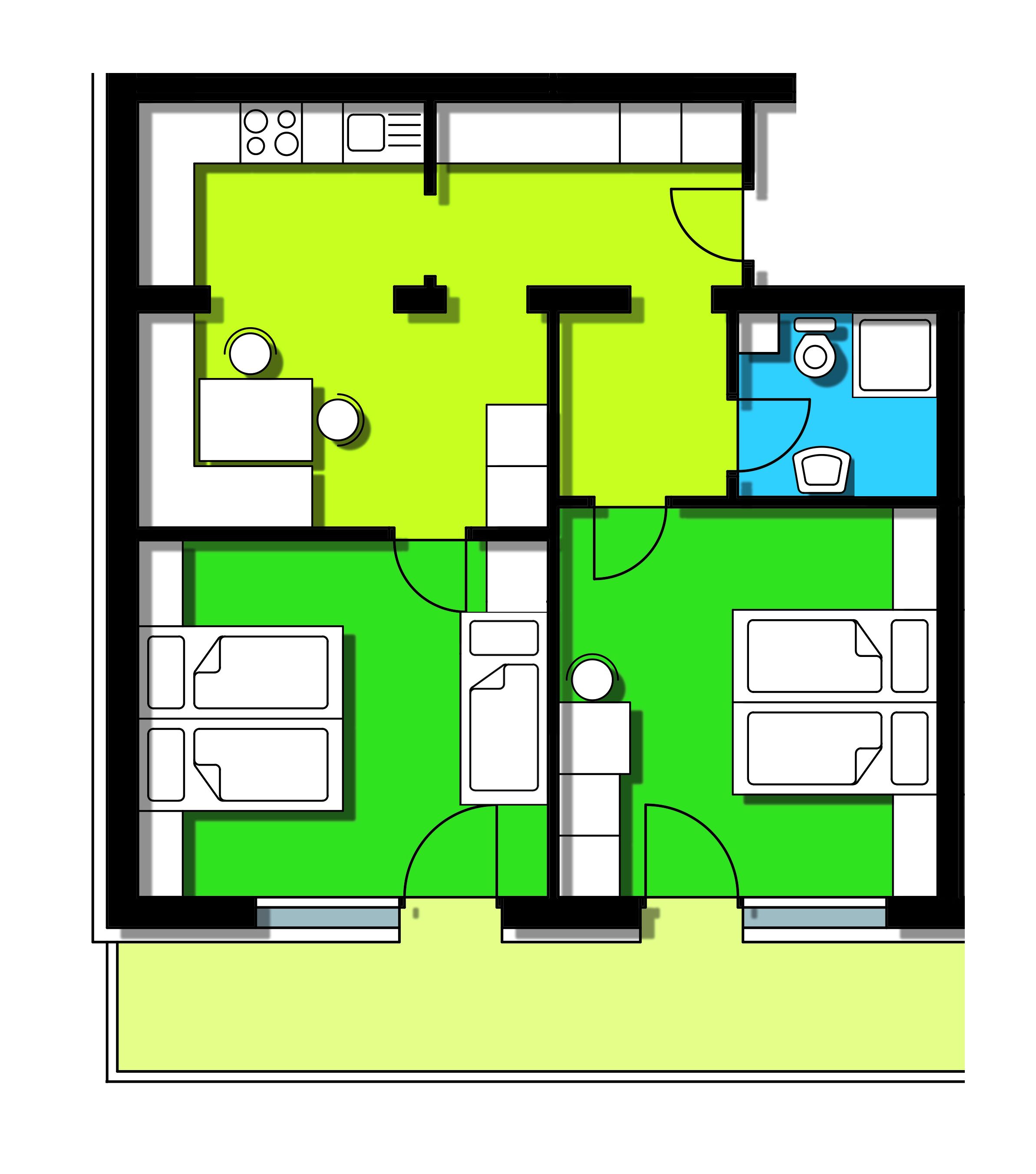 Planta baixa com dois quartos, um banheiro, uma cozinha e uma sala de estar.