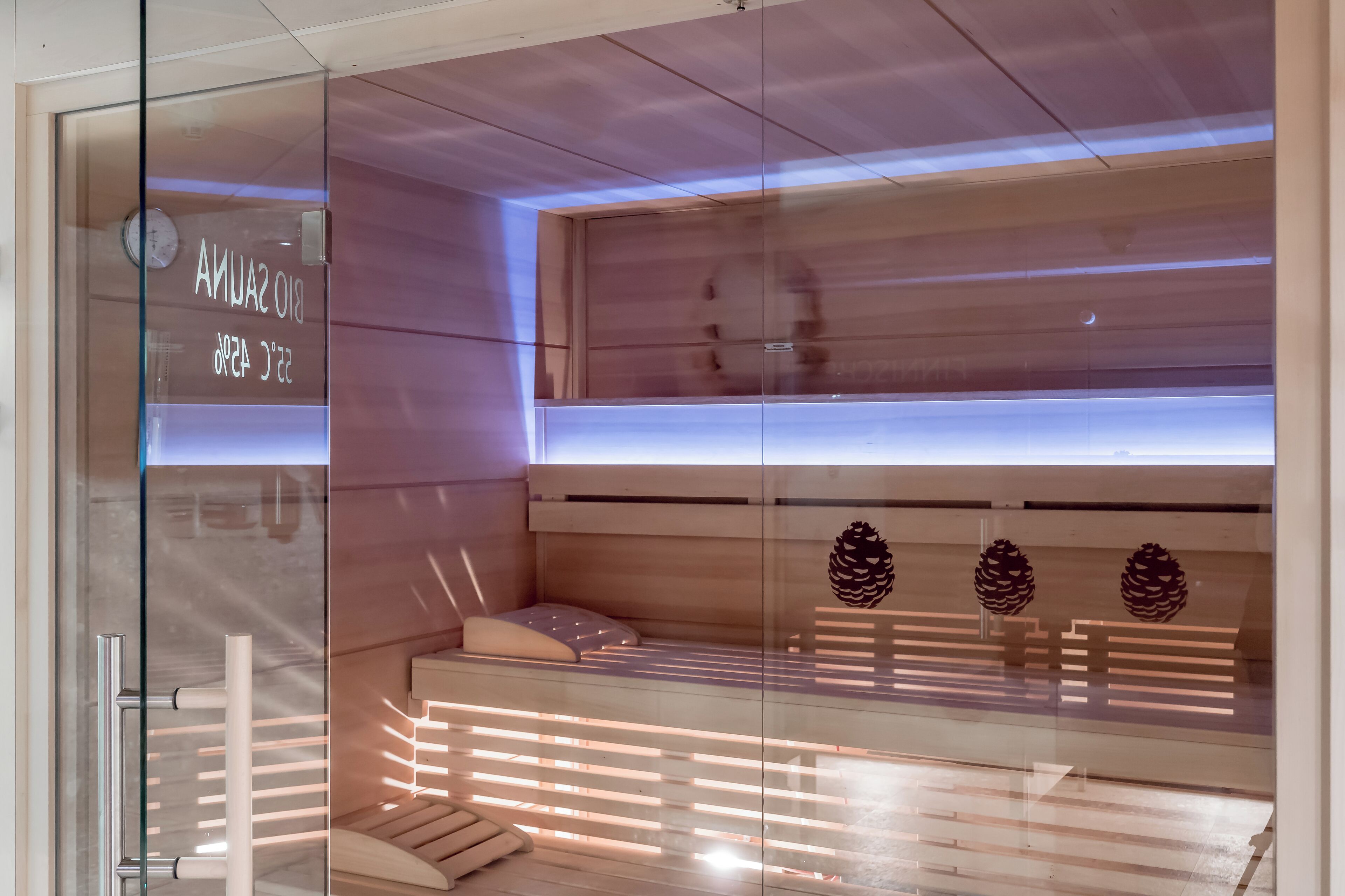 A modern room with a glass partition, wooden slats, and pine cone decorations.